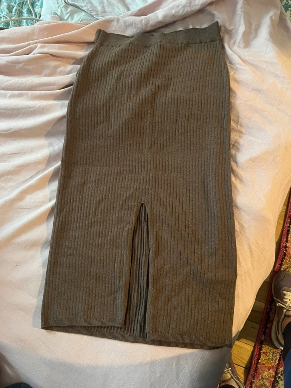 Free People Olive Ribbed Pencil Skirt with Front Slit - Picture 1 of 3